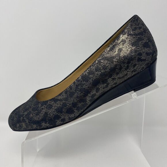 TROTTERS Signature 7.5W Slip On Wedges Metallic Black Animal Print Office Heels - Picture 1 of 16